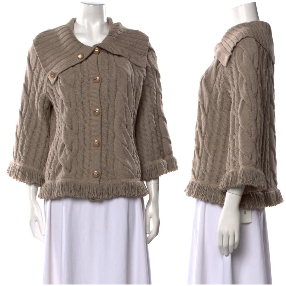 ST. JOHN Wool Blend Sweater Cardigan Fringe Soft Cable Knit Taupe Gray size M